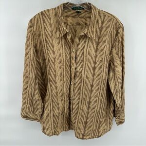 Lauren Ralph Lauren Vintage Neutral Earth Tone Chevron Feather safari button up